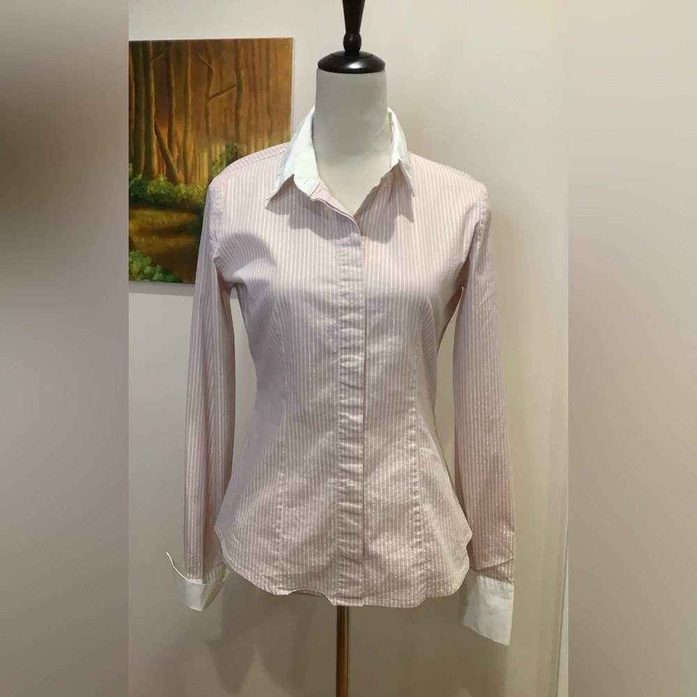New York & Company Striped Sparkly Pink/White Button Down Shirt S